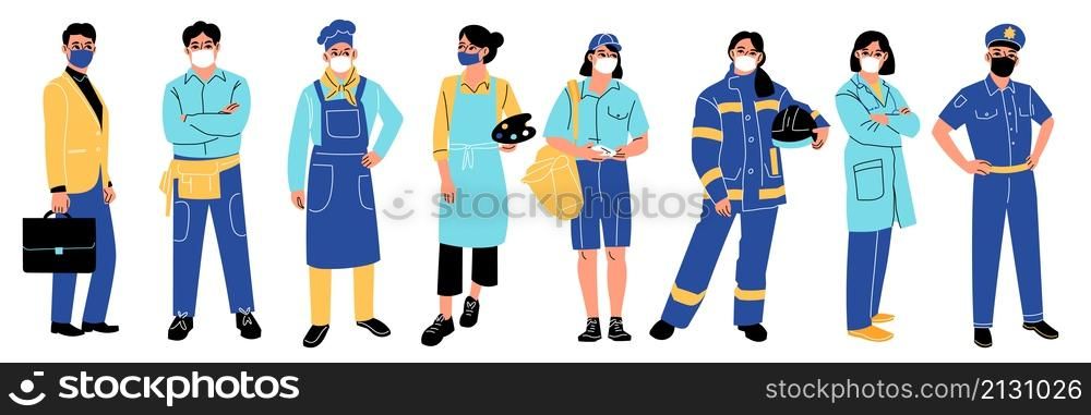 Professions people. Different professional characters, various staff in uniform, workers in medical masks. Standing artist, chef and postman, policeman and doctor, vector cartoon flat isolated set. Professions people. Different professional characters, various staff in uniform, workers in medical masks. Standing artist, chef and postman, policeman and doctor, vector isolated set