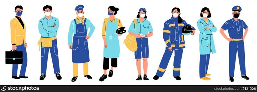 Professions people. Different professional characters, various staff in uniform, workers in medical masks. Standing artist, chef and postman, policeman and doctor, vector cartoon flat isolated set. Professions people. Different professional characters, various staff in uniform, workers in medical masks. Standing artist, chef and postman, policeman and doctor, vector isolated set