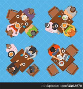 Professions top view design composition with business people working eating and talking in restaurant or cafe flat vector illustration . Business People In Cafe Top View Composition