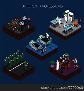 Professions uniform isometric people composition with images of human characters in detail clothing doing their job vector illustration. All Professions Matter Composition