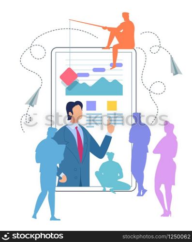Professor in Formal Suit Teaching Students From Smartphone Screen with Charts. Silhouettes of Students on White Background. Distance Education, Off-campus Learning, Cartoon Flat Vector Illustration. Professor Teaching Students From Smartphone Screen