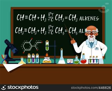Professor in his laboratory for experiments. Medical and chemical ingredients. Vector background illustration. Cartoon professor experiment chemistry in lab. Professor in his laboratory for experiments. Medical and chemical ingredients. Vector background illustration