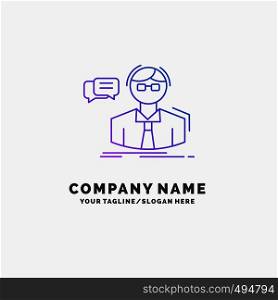 professor, student, scientist, teacher, school Purple Business Logo Template. Place for Tagline. Vector EPS10 Abstract Template background