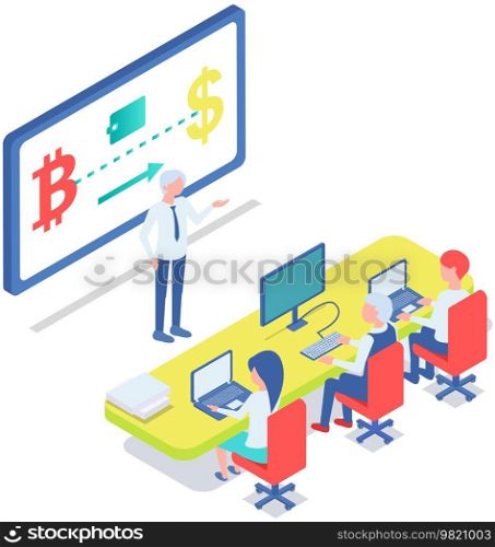 Professor teaching financial literacy in academy. Class at business school or university, students learning about cryptocurrency and trading, digital money mining. Finances, education concept. Professor teaching financial literacy. Class at business school, learning about cryptocurrency