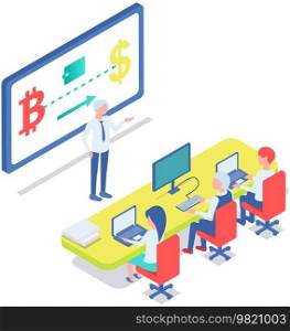 Professor teaching financial literacy in academy. Class at business school or university, students learning about cryptocurrency and trading, digital money mining. Finances, education concept. Professor teaching financial literacy. Class at business school, learning about cryptocurrency