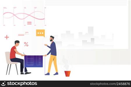 Professor teaching student who is drawing blueprint. Learning, information, back to college concept. Vector illustration can be used for topics like study, knowledge, education