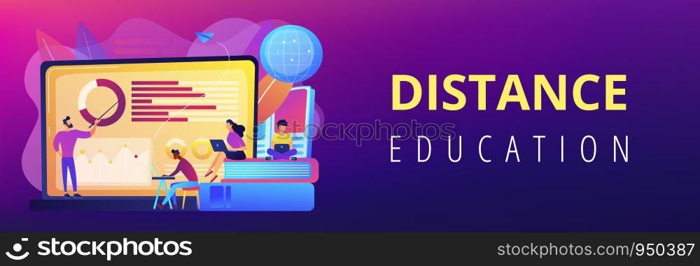 Professor with charts teaching students from laptop screen and globe. Distance education, off-campus learning, distance learning degree concept. Header or footer banner template with copy space.. Distance learning concept banner header.