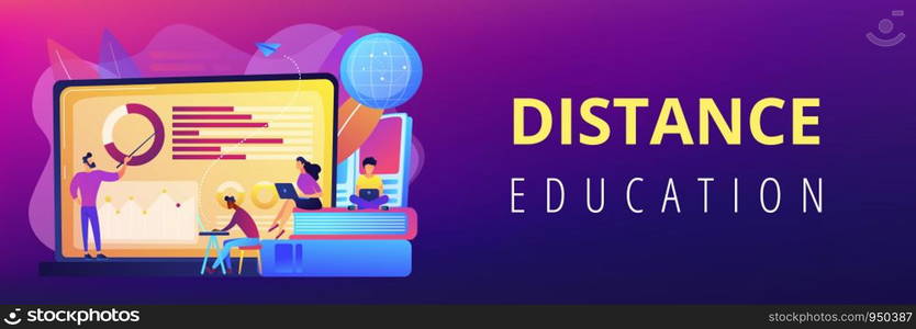 Professor with charts teaching students from laptop screen and globe. Distance education, off-campus learning, distance learning degree concept. Header or footer banner template with copy space.. Distance learning concept banner header.