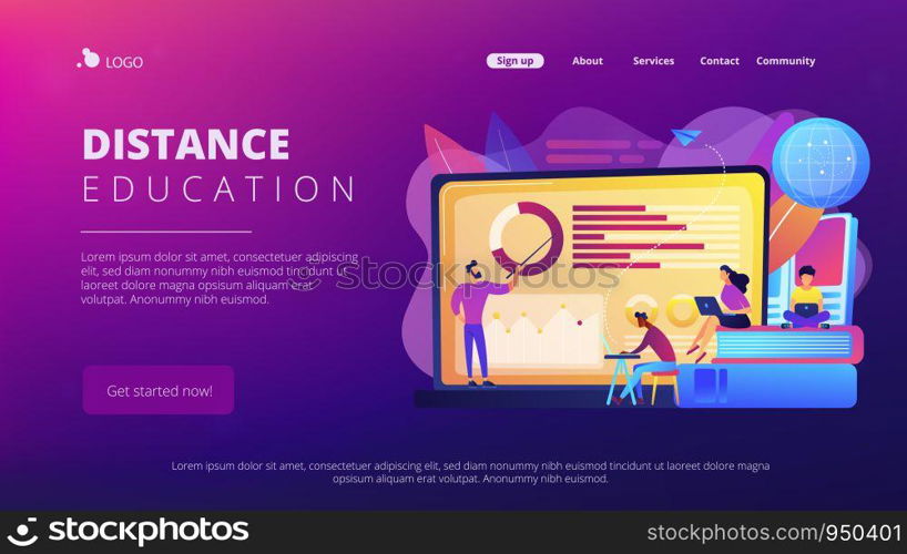 Professor with charts teaching students from laptop screen and globe. Distance education, off-campus learning, distance learning degree concept. Website vibrant violet landing web page template.. Distance learning concept landing page.