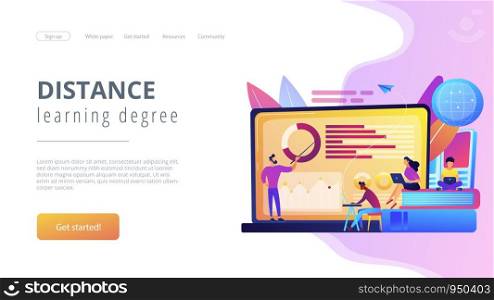 Professor with charts teaching students from laptop screen and globe. Distance education, off-campus learning, distance learning degree concept. Website vibrant violet landing web page template.. Distance learning concept landing page.