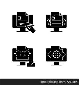 Proficiency in document management black glyph icons set on white space. Digital writing. Speed reading. Decision making. Creating online documents. Silhouette symbols. Vector isolated illustration. Proficiency in document management black glyph icons set on white space