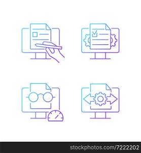 Proficiency in document management gradient linear vector icons set. Digital writing. Speed reading. Decision making. Thin line contour symbols bundle. Isolated outline illustrations collection. Proficiency in document management gradient linear vector icons set