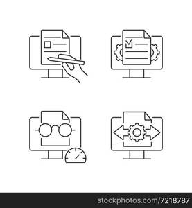 Proficiency in document management linear icons set. Digital writing. Speed reading. Decision making. Customizable thin line contour symbols. Isolated vector outline illustrations. Editable stroke. Proficiency in document management linear icons set