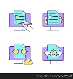 Proficiency in document management RGB color icons set. Digital writing. Speed reading. Decision making. Isolated vector illustrations. Simple filled line drawings collection. Editable stroke. Proficiency in document management RGB color icons set