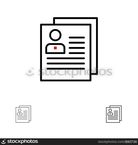 Profile, About, Contact, Delete, File, Personal Bold and thin black line icon set