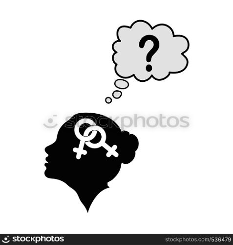 Profile of a female head with the symbol of bigender and the question mark, the idea of belonging to the identity, flat design
