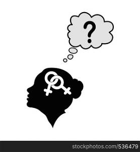 Profile of a female head with the symbol of bigender and the question mark, the idea of belonging to the identity, flat design