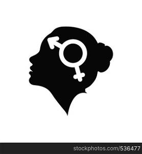 Profile of a female head with the symbol of bigender, flat design