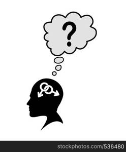 Profile of a male head with a symbol bigender and the question mark, the idea of belonging to the identity, flat design