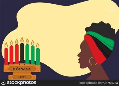 Profile of African woman and a wooden candelabra with seven candles in color of Africa and Happy Kwanzaa inscription. Banner. Sticker. Good for lettering, cards, poster, invitation or label, price tag