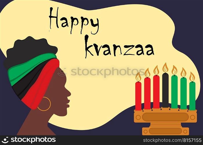 Profile of African woman with headband and wooden candelabra with seven candles in traditional color of African flag and a Happy Kwanzaa inscription. Banner. Sticker. Good for card, poster, invitation