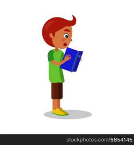 Profile of redhead boy with textbook reading interesting enciclopedia, vector illustration dedicated to International World Book and Copyright Day. Profile of Redhead Boy with Textbook Reading Book