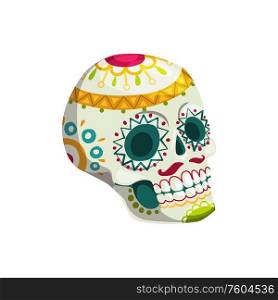 Profile of skull with mexican ornaments isolated dead human head. Vector sweet Calavera treat. Calavera sugar skull with mexican ornament profile