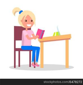 Profile of Smiling Girl Sitting at Desk with Book. Profile of smiling girl sitting at desk with open book, schoolchild doing homework after lessons vector illustration, preparation for geometry lesson