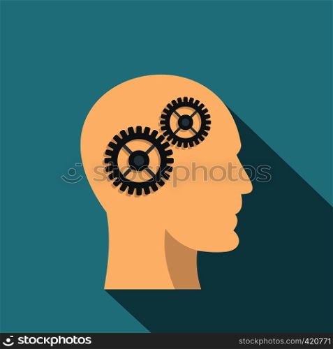 Profile of the head with gears inside icon. Flat illustration of profile of the head with gears inside vector icon for web isolated on baby blue background. Profile of the head with gears inside icon
