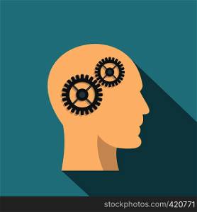 Profile of the head with gears inside icon. Flat illustration of profile of the head with gears inside vector icon for web isolated on baby blue background. Profile of the head with gears inside icon