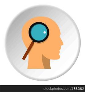 Profile of the head with magnifying glass icon in flat circle isolated on white background vector illustration for web. Profile of the head with magnifying glass icon