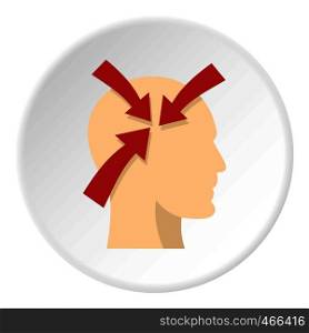 Profile of the head with red arrows inside icon in flat circle isolated on white background vector illustration for web. Profile of the head with red arrows inside icon