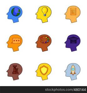 Profile of the head with thoughts about studying icons set. Cartoon set of 9 profile of the head with thoughts about studying vector icons for web isolated on white background. Profile of the head set icons