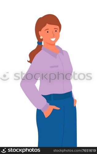 Profile of woman in purple blouse and blue skirt, full length portrait view. Vector cartoon female in casual cloth, business worker isolated on white. Profile of Woman in Purple Blouse and Blue Skirt
