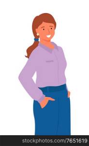 Profile of woman in purple blouse and blue skirt, full length portrait view. Vector cartoon female in casual cloth, business worker isolated on white. Profile of Woman in Purple Blouse and Blue Skirt