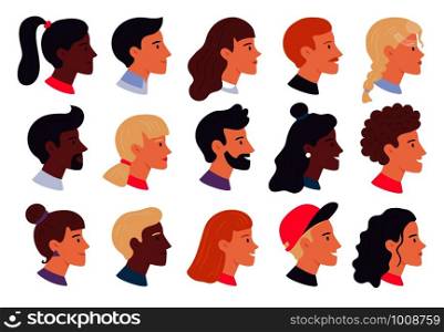 Profile people portraits. Male and female face profiles avatars, side portrait and heads. Person web user avatar, hipster character portrait. Isolated flat vector illustration icons set. Profile people portraits. Male and female face profiles avatars, side portrait and heads flat vector illustration set