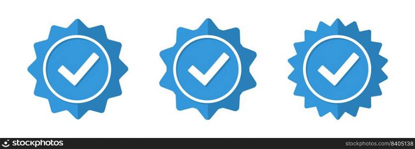 Profile verification icon. Approved check mark vector icon. Approve st&or medal. Collection premium quality badges. Verified symbols isolated on white background. . Profile verification icon. Approved check mark vector icon. Approve st&or medal. Collection premium quality badges.