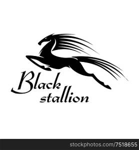 Profile view of horse performing a capriole as mascot for sporting or gambling industry design. Black silhouette of a mare leaps into the air and kicking out with hind legs. Jumping horse black silhouette for mascot design