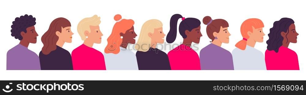 Profile women portraits. Diverse female heads side view. Cartoon characters of various nationality, having different hairstyle as ponytail, curly and straight hair vector illustration. Profile women portraits. Diverse female heads side view. Cartoon characters of various nationality, hairstyle