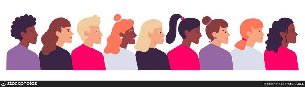 Profile women portraits. Diverse female heads side view. Cartoon characters of various nationality, having different hairstyle as ponytail, curly and straight hair vector illustration. Profile women portraits. Diverse female heads side view. Cartoon characters of various nationality, hairstyle