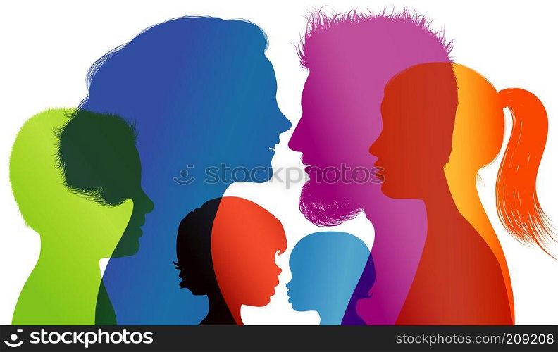 Profiles with mom - dad - little boy - girl. Family concept. Colored silhouette. Vector. Multiple exposure