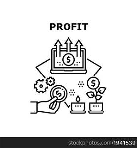 Profit And Fund Vector Icon Concept. Profit And Fund, Businessman Counting Income And Expenses, Analyzing Investment And Deposit. Growing Money Tree And Success Financial Budget Black Illustration. Profit And Fund Vector Concept Black Illustration