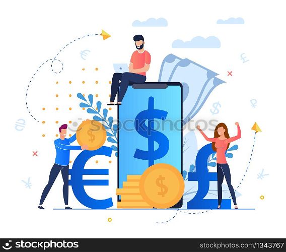Profit from Currency Exchange Services Cartoon. Man Sits on Screen Large Smartphone. Mobile Application for Profitable and Convenient Exchange Currency Currencies. People Rejoice in Money.
