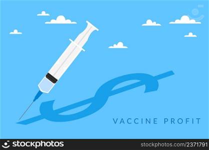 Profit from vaccines. Syringe and dollar shadow on background, earnings of pharmaceutical companies, covid-19 vaccination, vertical banner with copy space. Vector cartoon flat style isolated concept. Profit from vaccines. Syringe and dollar shadow on background, earnings of pharmaceutical companies, covid-19 vaccination, vertical banner with copy space. Vector cartoon flat concept