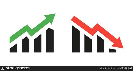 Profit growing green and red arrow icons. Isolated vector icon. Progress bar. Growing graphic icons graphic sign. Chart increase profit. Growth success arrow icon. EPS 10