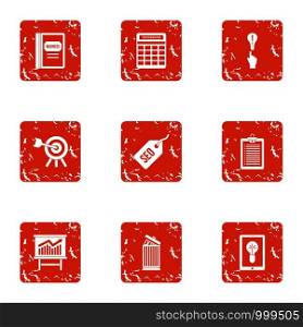 Profit growth icons set. Grunge set of 9 profit growth vector icons for web isolated on white background. Profit growth icons set, grunge style