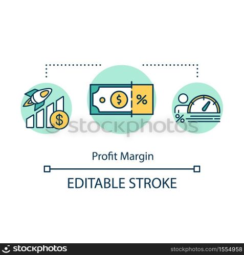Profit margin concept icon. Money percentage for business income. Stock market. Product management idea thin line illustration. Vector isolated outline RGB color drawing. Editable stroke. Profit margin concept icon