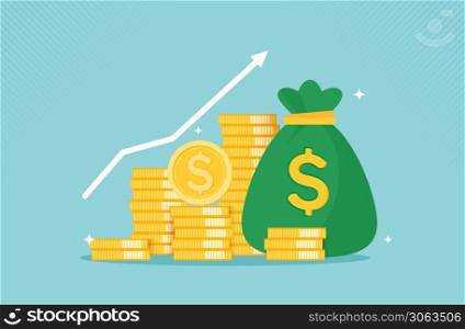 Profit money financial growth concept with golden coin. concept of monetary collection or strategy of profit or benefit making in business to win. vector cartoon design.