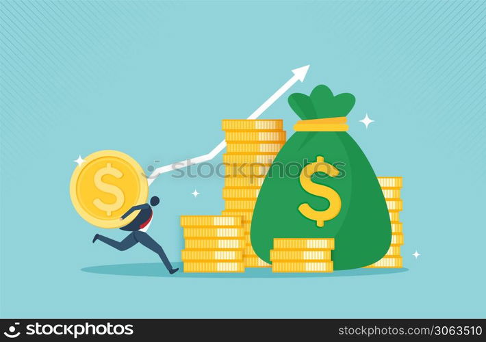 Profit money financial growth concept with golden coin. concept of monetary collection or strategy of profit or benefit making in business to win. vector cartoon design.