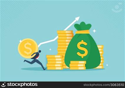 Profit money financial growth concept with golden coin. concept of monetary collection or strategy of profit or benefit making in business to win. vector cartoon design.